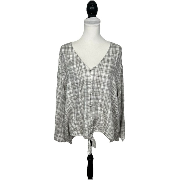 Lane Bryant Blouse Plus Size 24 Gray Plaid Metallic Cropped Tie Top 3/4 Sleeves - Picture 1 of 10